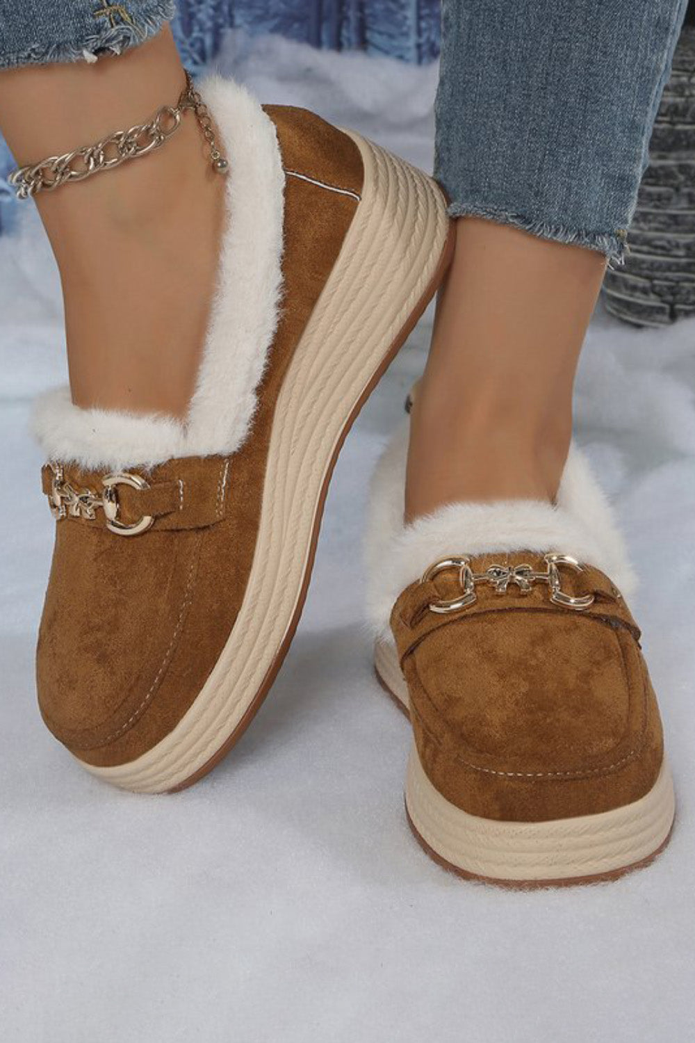 Horsebit Buckle Decor Thickened Plush Lined Fur Trim Slip On Wedge Loafers
