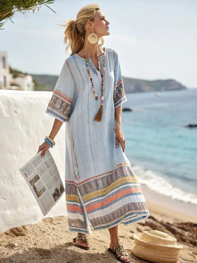 Women's Holiday Stripe Print V Neck Three-Quarter Sleeve Loose Dress