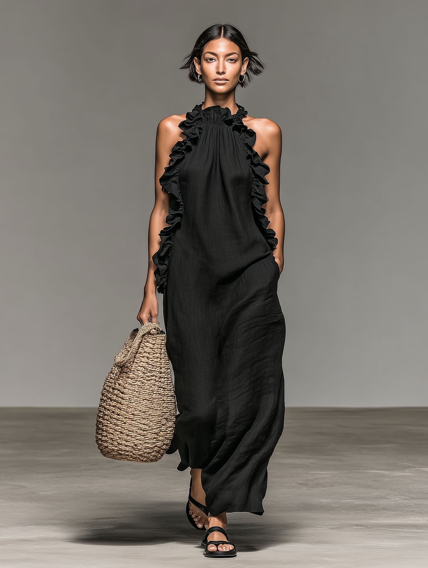 Women's Sleeveless Maxi Dress in Minimalist Linen Blend with Ruffle Details
