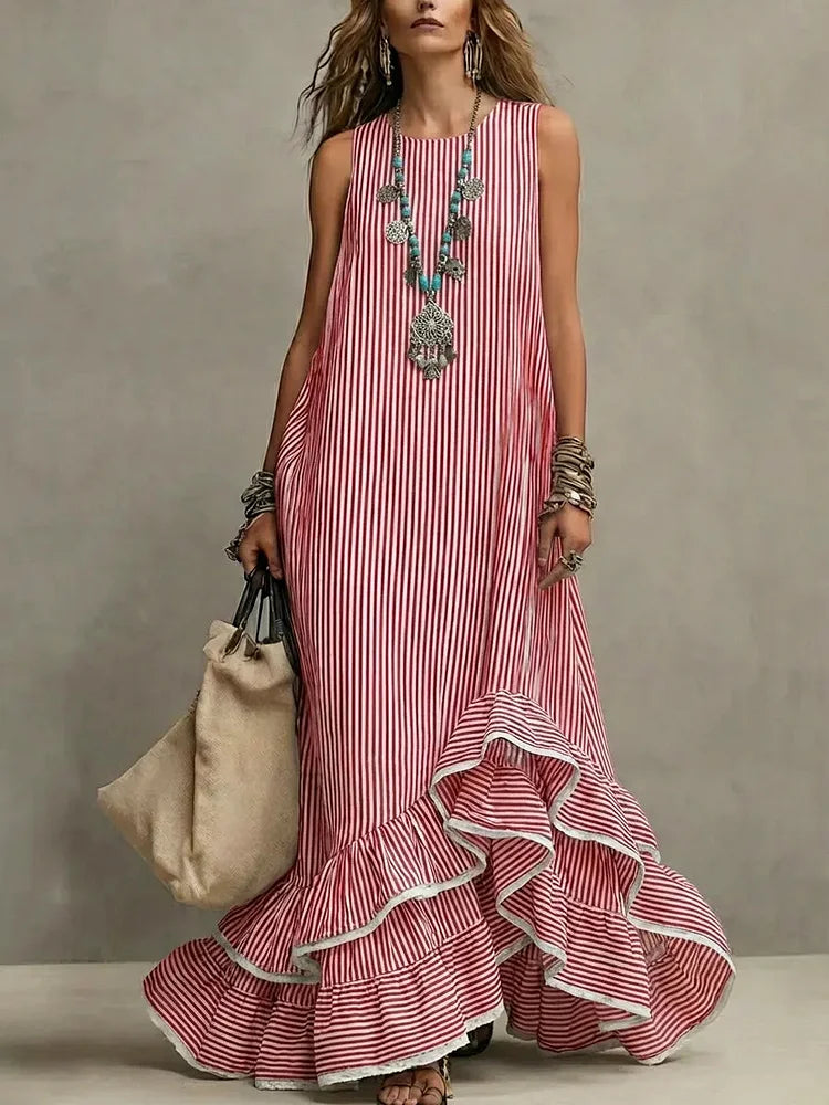 Women's Retro Striped Art Ruffled Casual Stylish Cotton Linen Maxi Dress