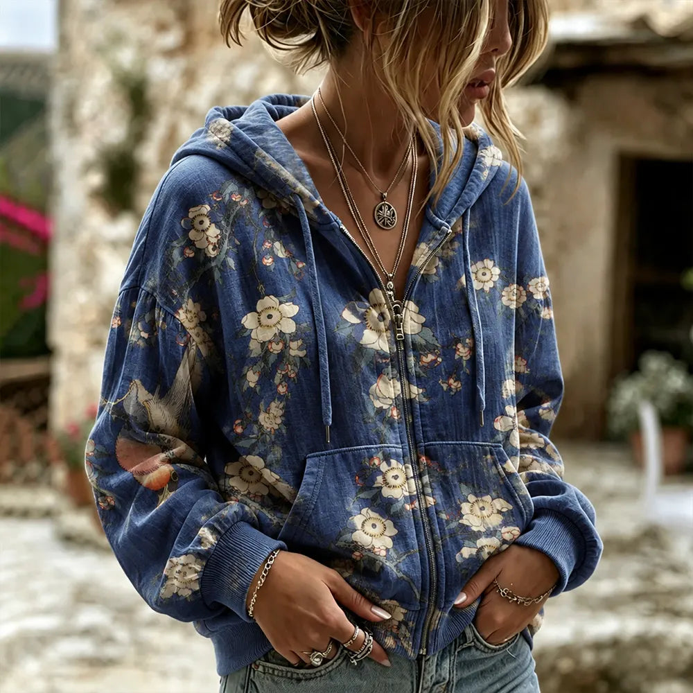 Women's Vintage Japanese Floral Art Print Long Sleeve Hoodie