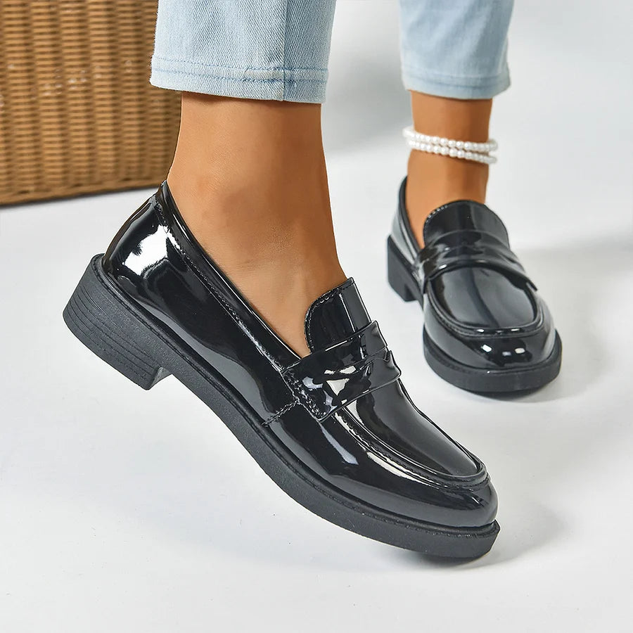 Solid Color Patchwork Round Toe Low Block Heel Loafers