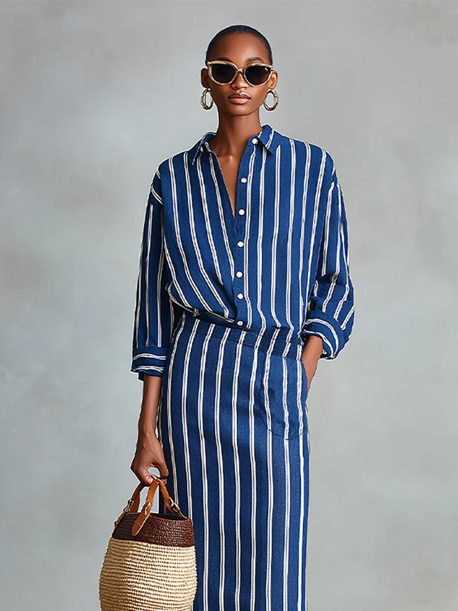 Women's Royal Blue White Stripe Cotton-Blend Co-Ord With Button Front Blouse & Elastic Waist Straight Maxi Skirt, Effortless-Chic Summer Daily Outfit