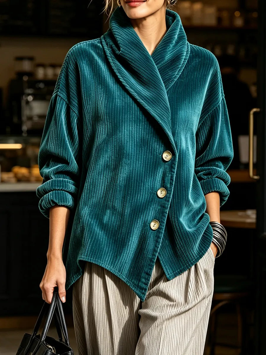 Chic Teal Corduroy Shawl Collar Asymmetric Cut Top