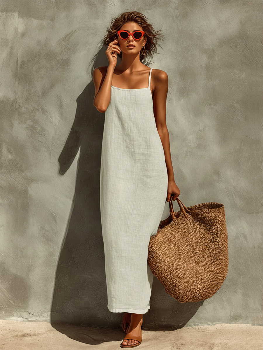 Women's Red Cotton Dress With Spaghetti Straps & Square Neck, Timeless Boho-Resort Style Dress