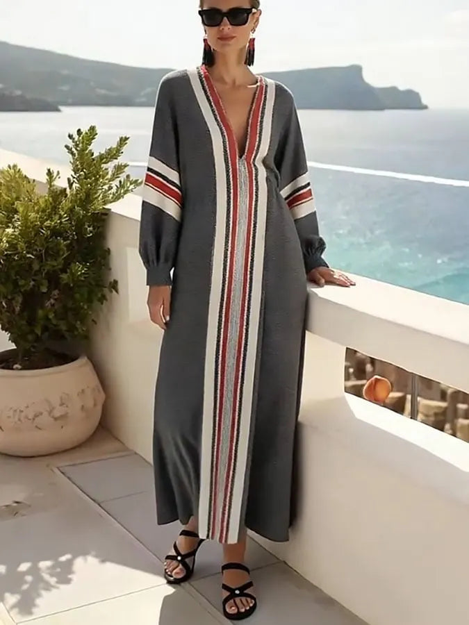 Women's Loose Contrast Stripe Printed Cotton and Linen Dress