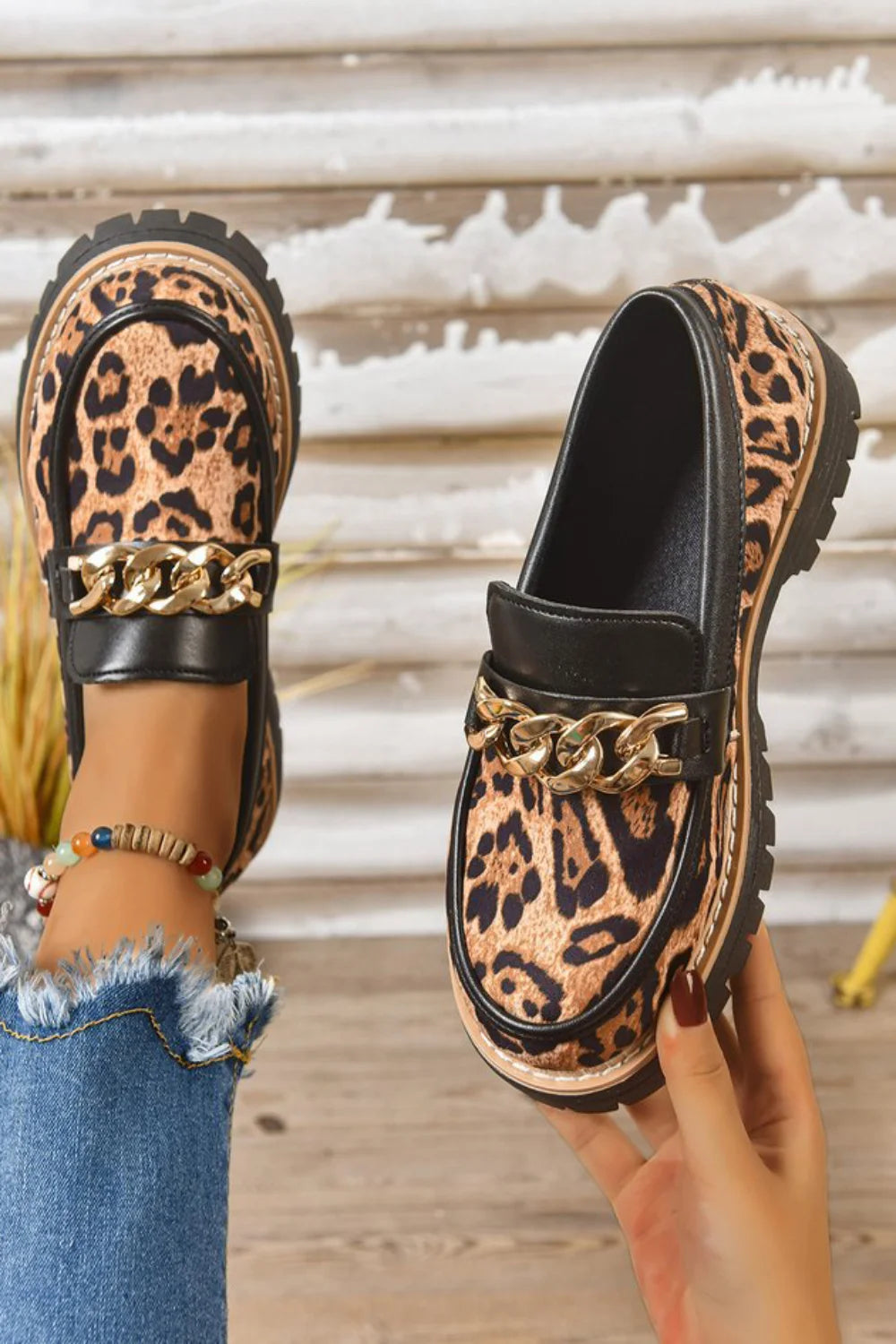 Leopard Print Contrast Trim Chain Decor Round Toe Platform Loafers