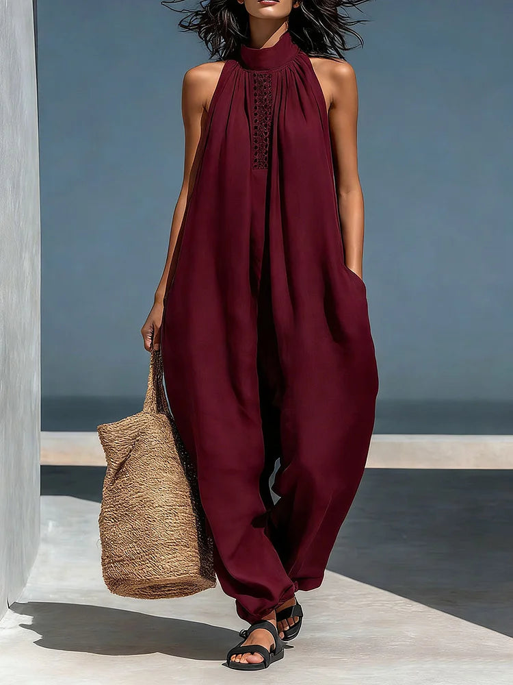 Women's Stand-up Collar Sleeveless Casual Loose Cotton And Linen Wide-leg Jumpsuit