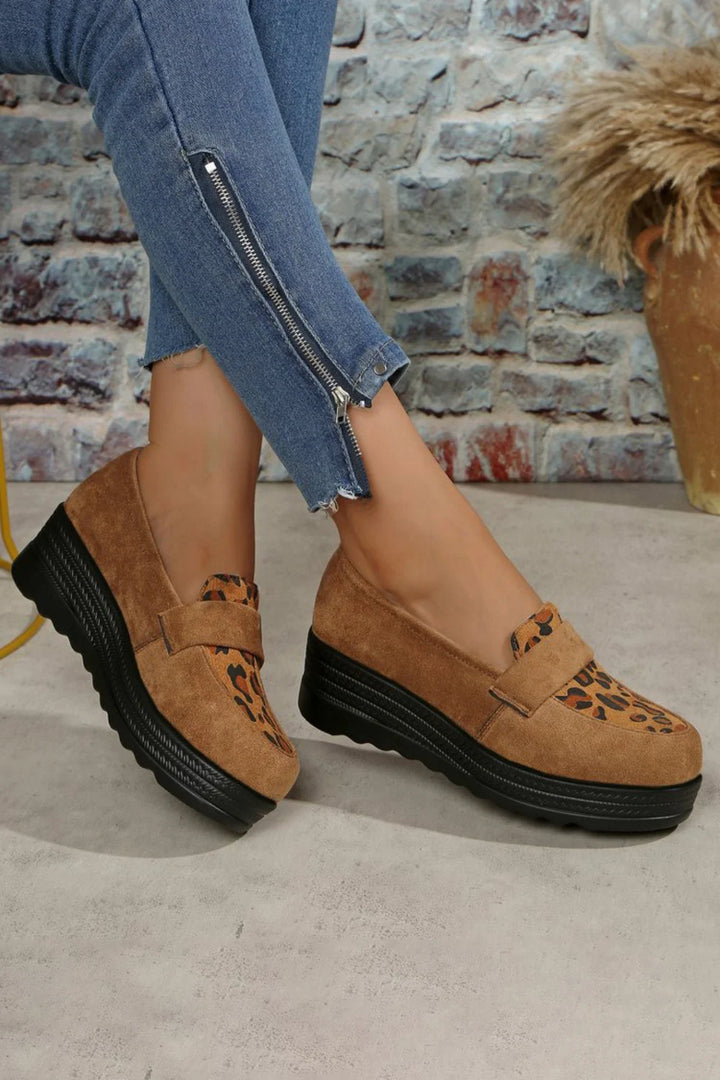 Leopard Print Penny Strap Trim Platform Wedge Round Toe Loafers