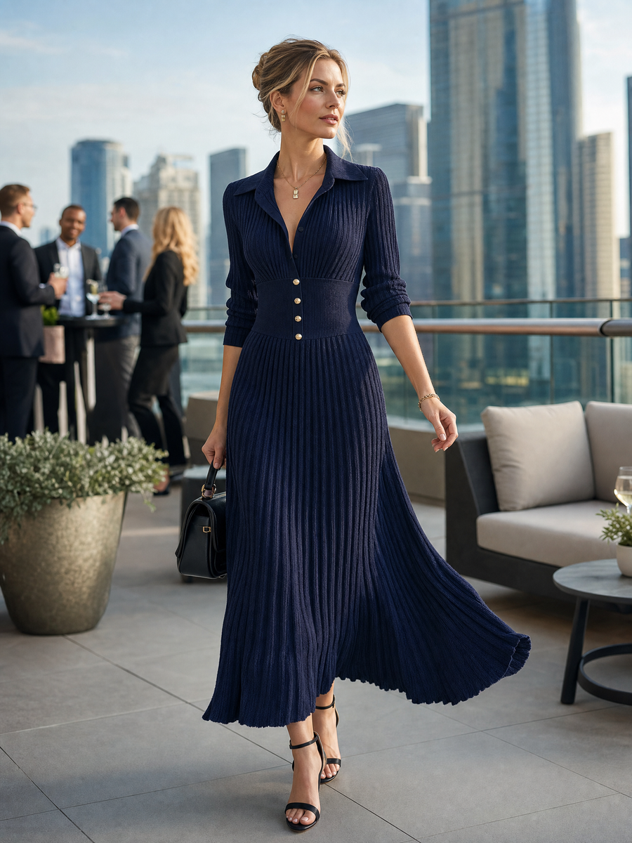 Women's Elegant Button-Front Collared Pleated Knit Dress