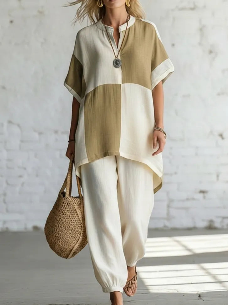 Artistic Color-block Patchwork Linen And Cotton Two-piece Set