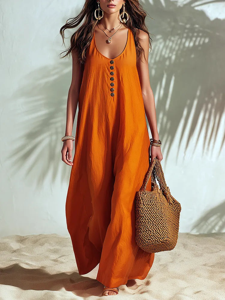 Resort-style Sleeveless U-neck Solid Color Long Dress