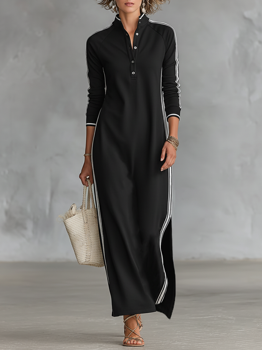 Women's Minimalist White-trimmed Button-down Collar Sweatshirt Maxi Dress