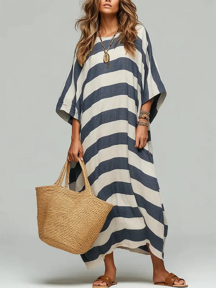 Women's Retro Striped Art Print Casual Maxi Dress