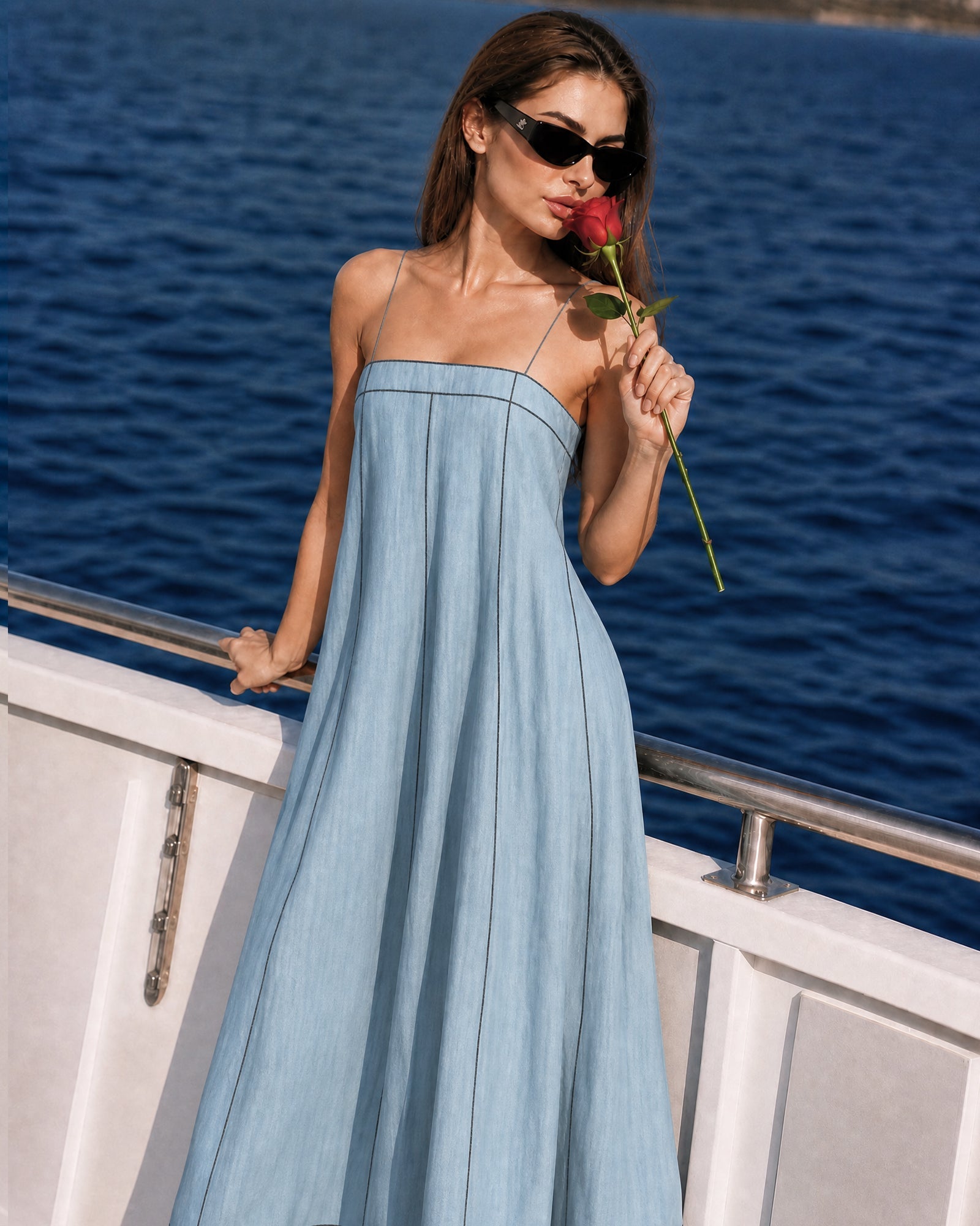 Women's Casual Blue Cotton-linen Sleeveless Camisole Maxi Dress