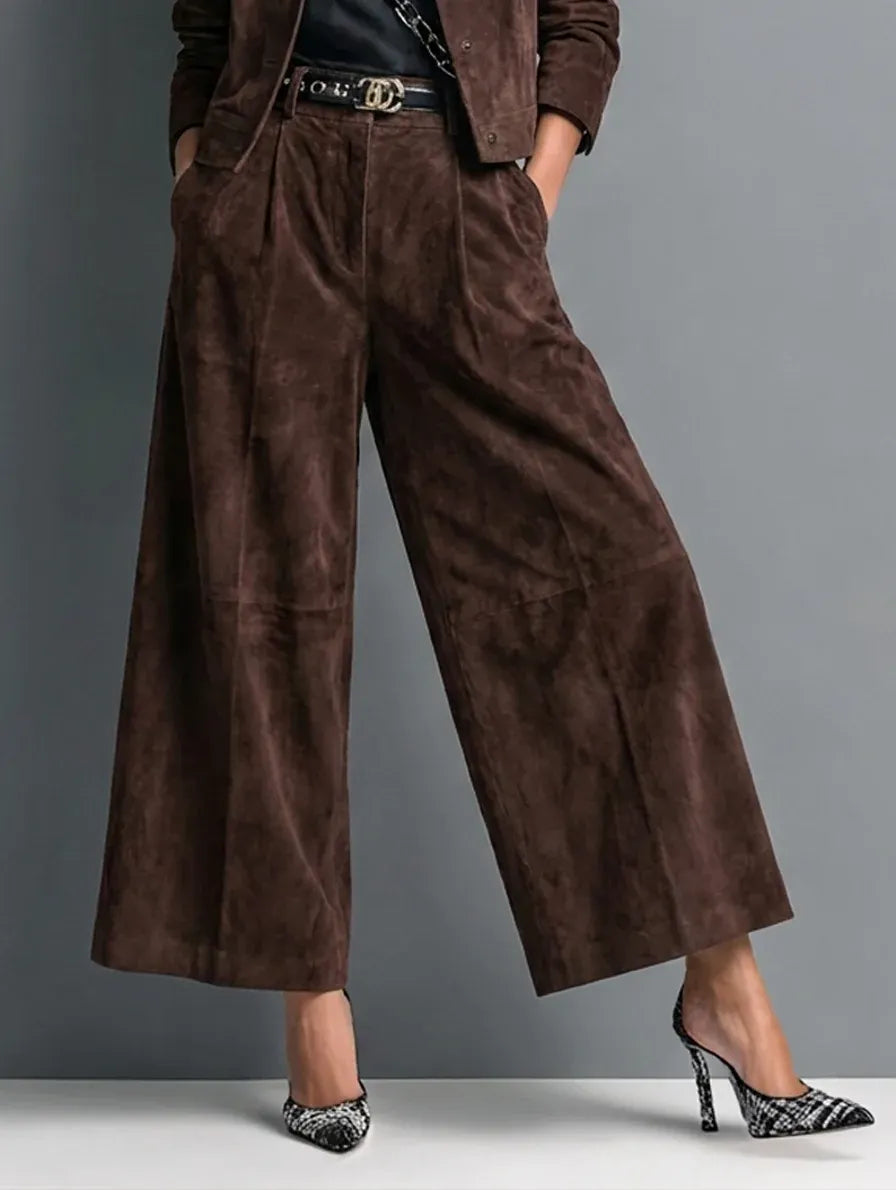 Dark Brown Faux-suede Jacket And Wide-leg Trousers Set