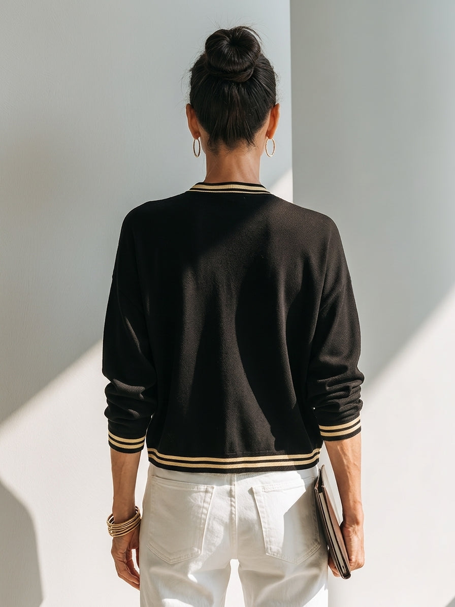 Women's Color-Contrast Striped V-Neck Cropped Knit Cardigan