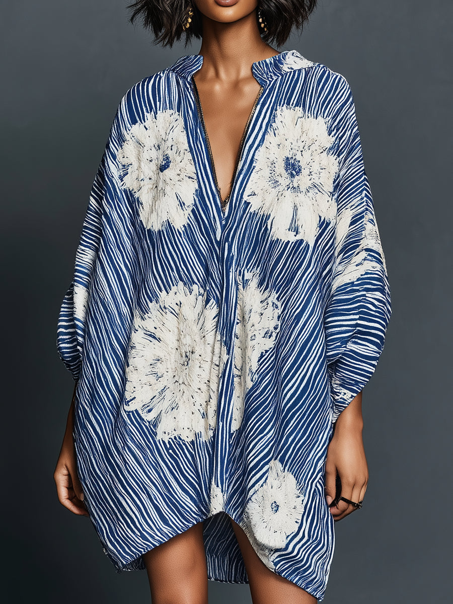 Casual Striped Print Zip-Front Mini Dress