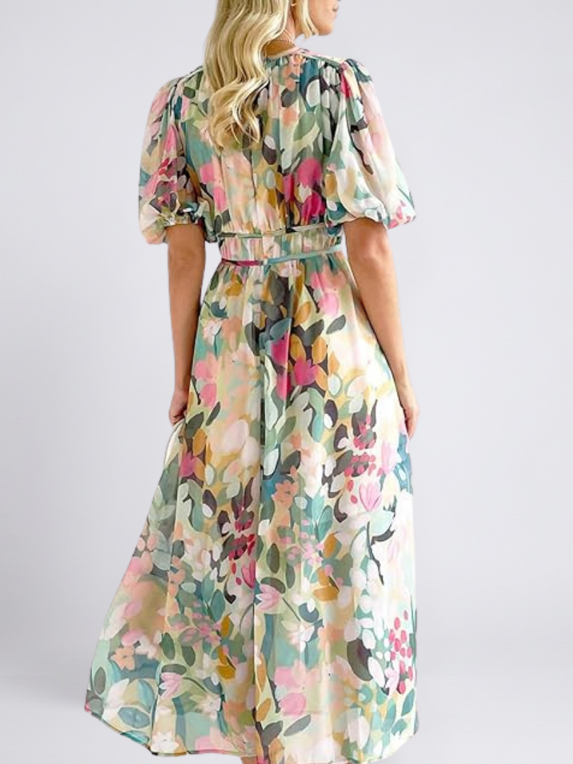 Eulalie | Robe midi à col en V, manches courtes et taille froncée
