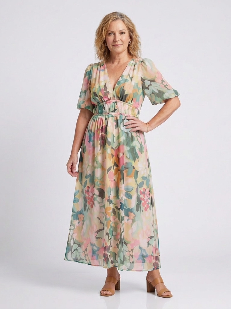 Eulalie | Robe midi à col en V, manches courtes et taille froncée