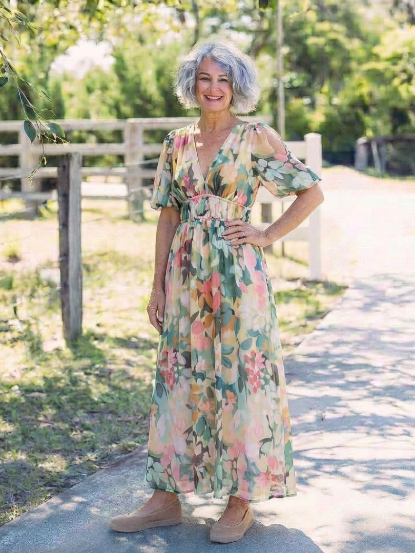 Eulalie | Robe midi à col en V, manches courtes et taille froncée