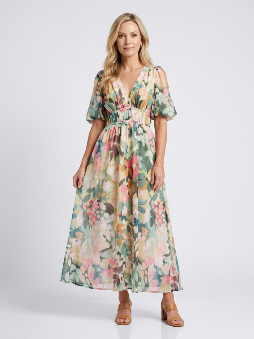 Eulalie | Robe midi à col en V, manches courtes et taille froncée