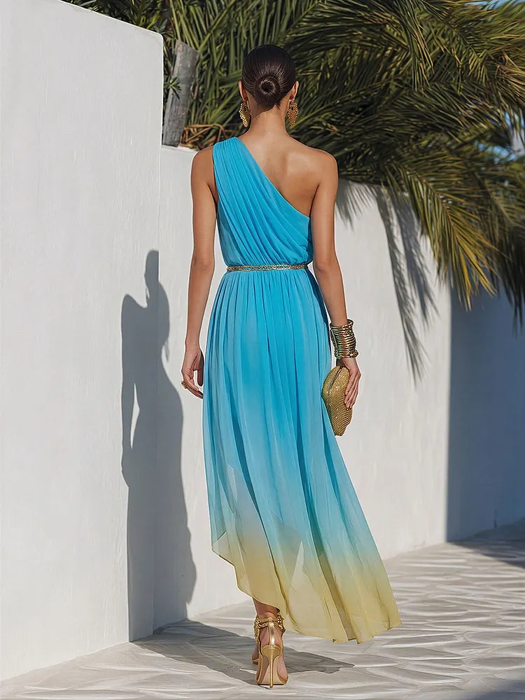 Romantic Vacation One-Shoulder Asymmetrical Hem Ombré Chiffon Maxi Dress