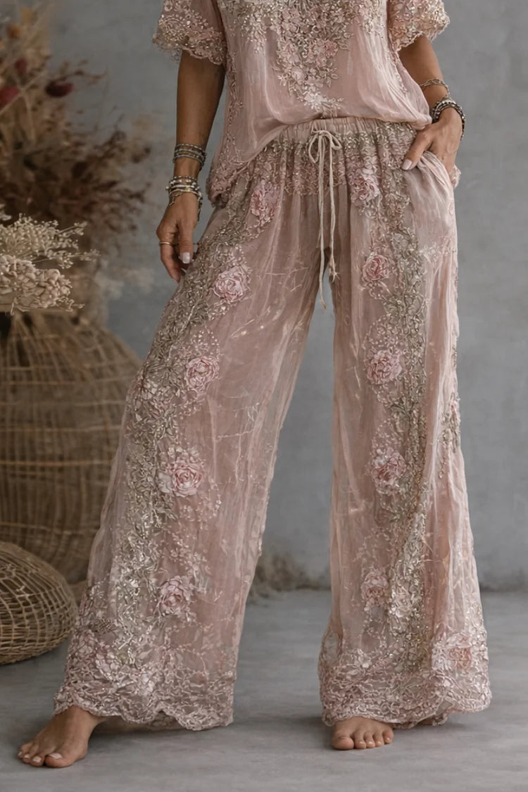 Floral Embroidered V-Neck Top High Waist Wide Leg Pants Two Piece Set