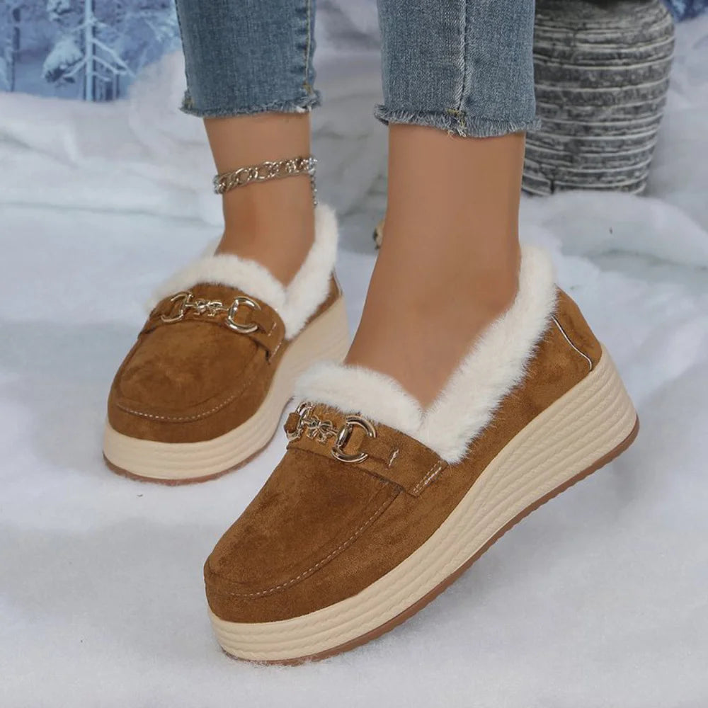 Horsebit Buckle Decor Thickened Plush Lined Fur Trim Slip On Wedge Loafers