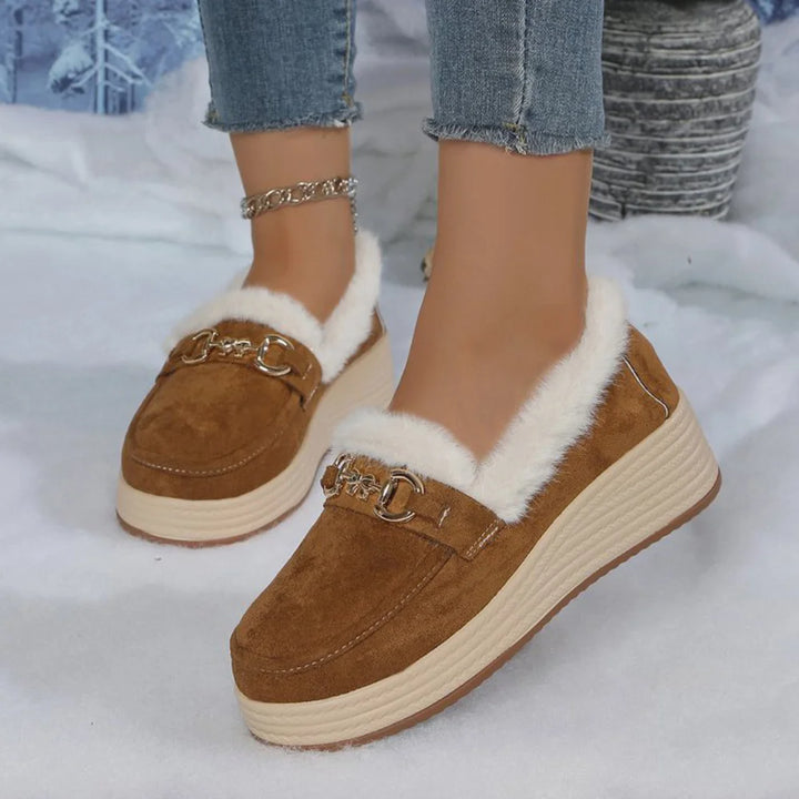 Horsebit Buckle Decor Thickened Plush Lined Fur Trim Slip On Wedge Loafers