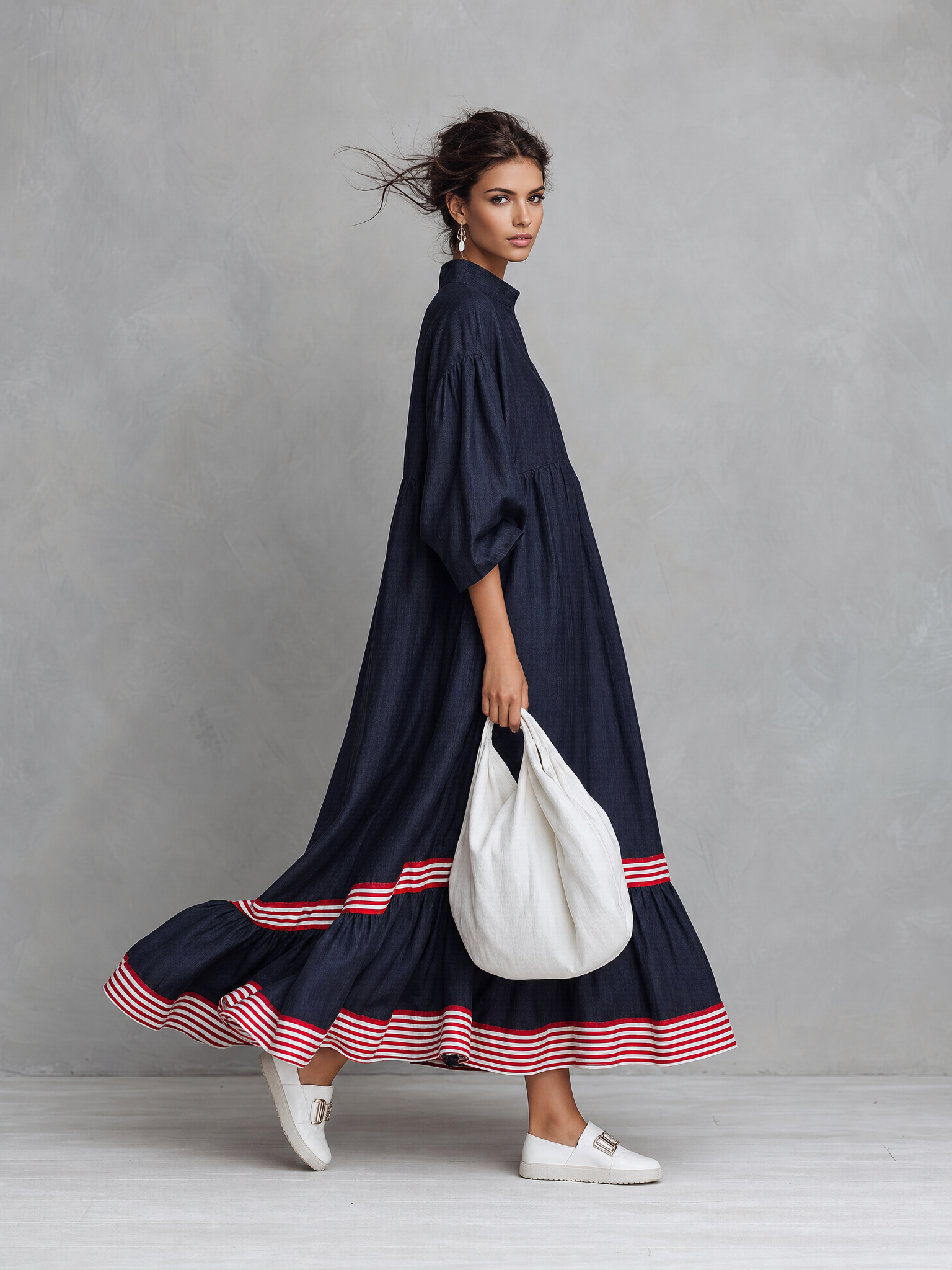 Women's Minimalist Linen-Blend Long-Sleeve Maxi Dress With Striped Hem Panel