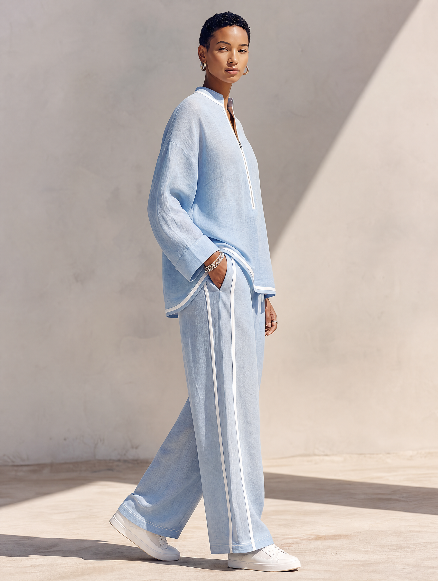 Women's Light‑Blue Linen Fabric Stand‑Collar Half‑Zip Oversized Top & Wide‑Leg Pants Set