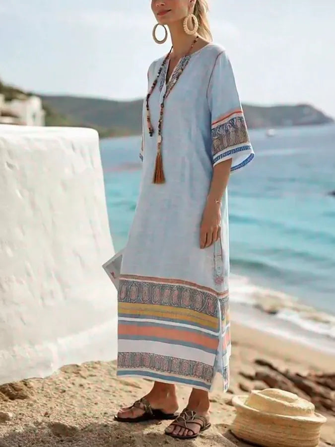 Women's Holiday Stripe Print V Neck Three-Quarter Sleeve Loose Dress