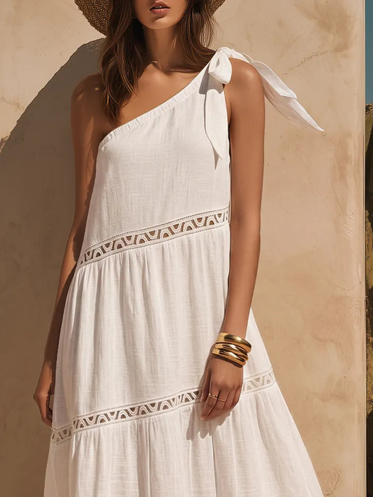 Bohemian One-Shoulder White Cotton-Linen Maxi Dress