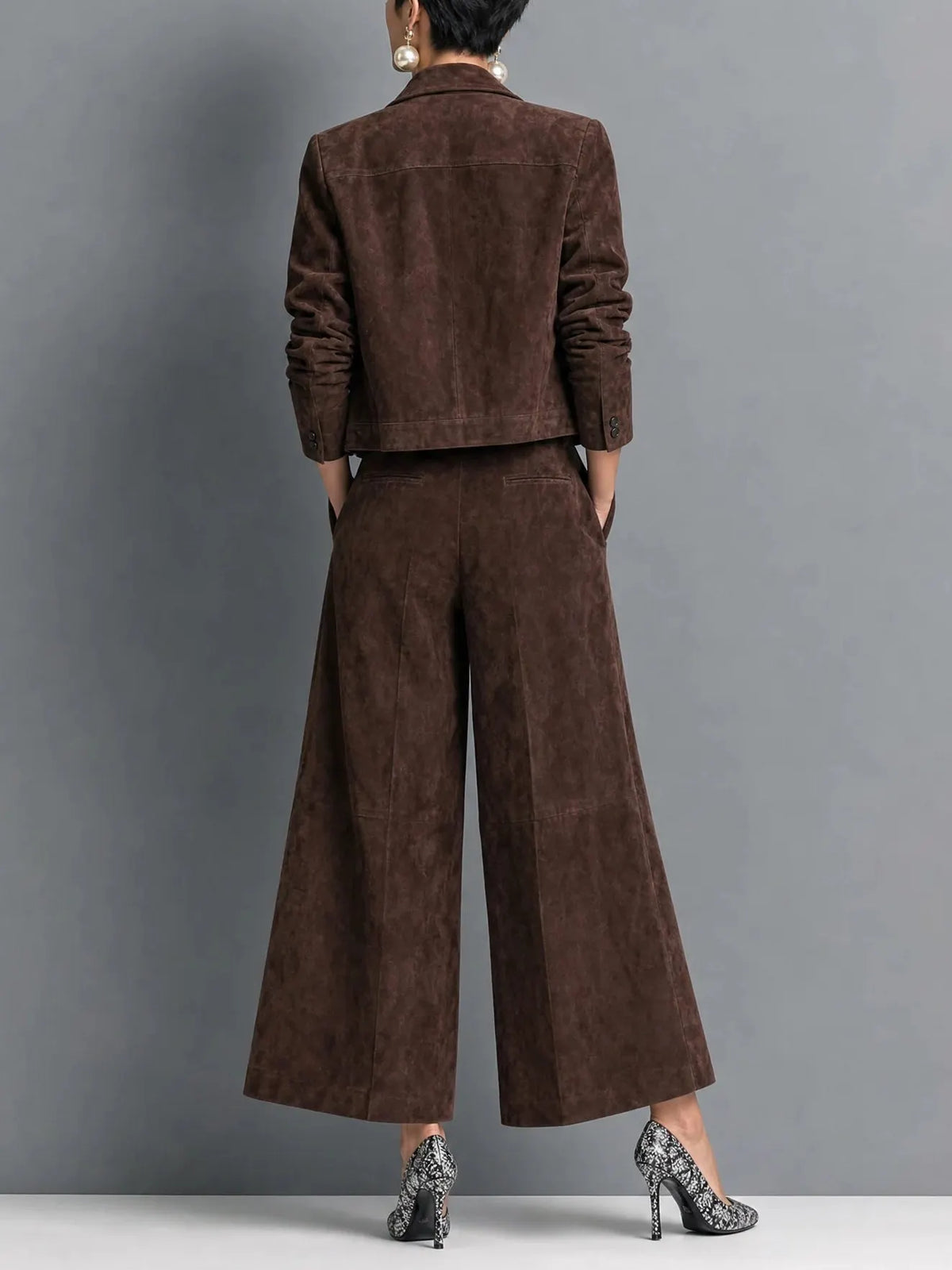 Dark Brown Faux-suede Jacket And Wide-leg Trousers Set