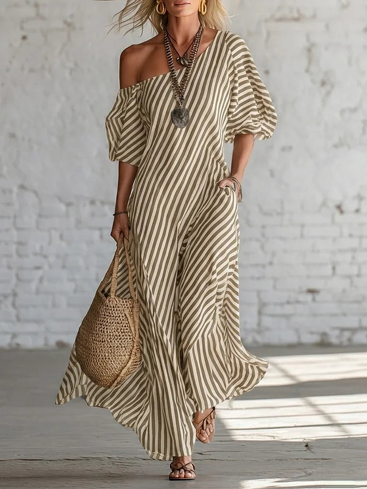 Elegant And Classic Striped Off-shoulder Maxi Dress