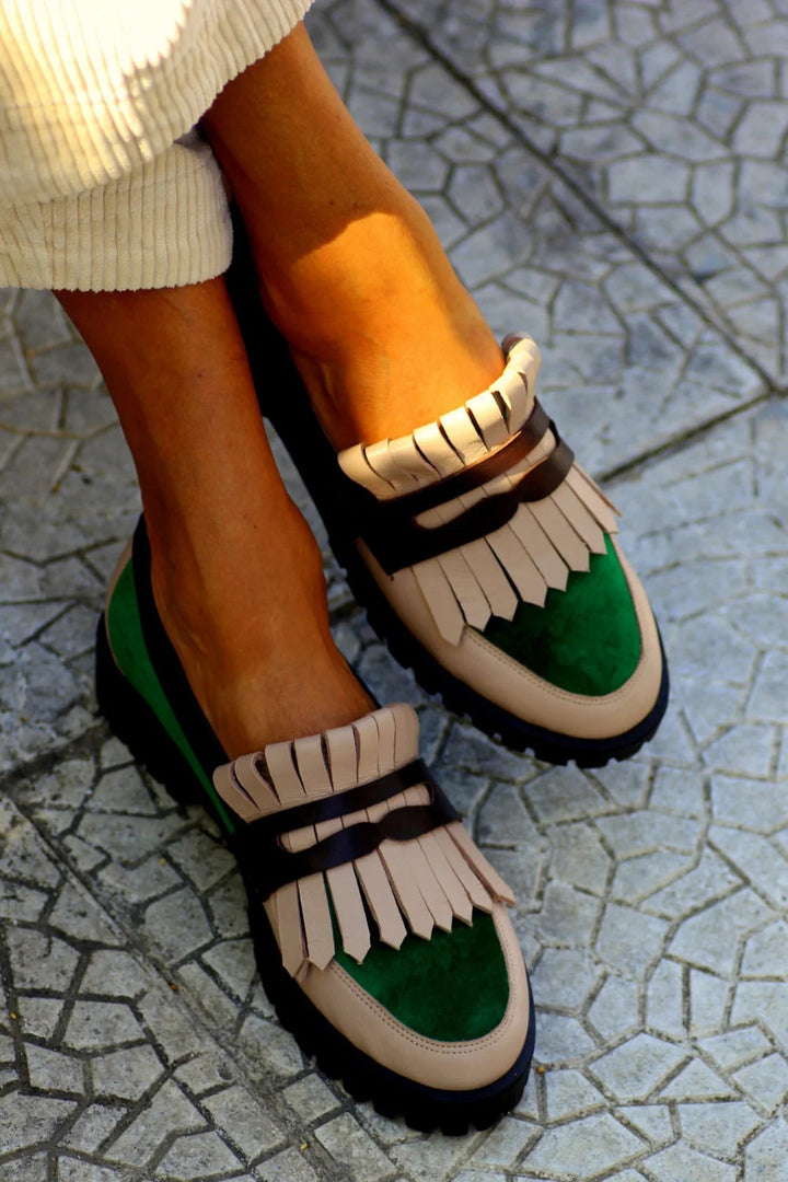 Color Block Tassels Trim Patchwork Round Toe Green Loafers [Pre Order]