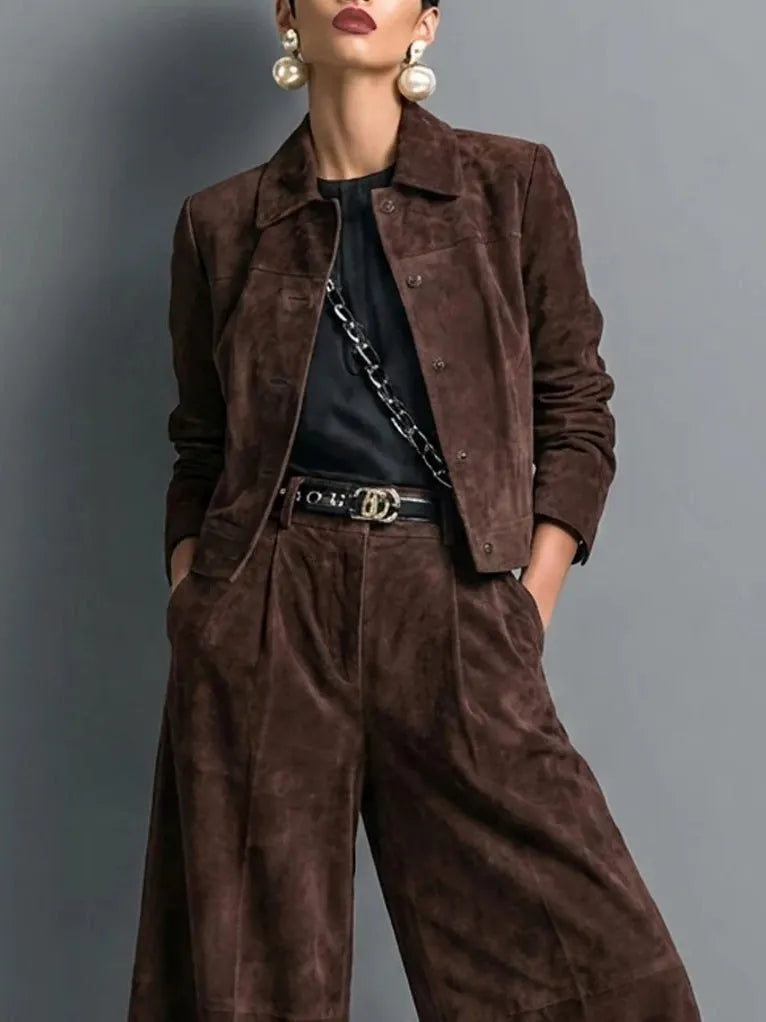 Dark Brown Faux-suede Jacket And Wide-leg Trousers Set