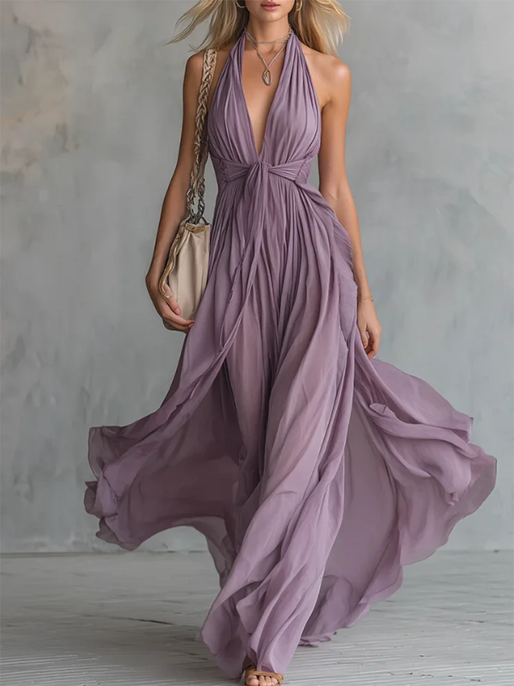 Elegant & Flowy V-neck Waist-tie Maxi Dress