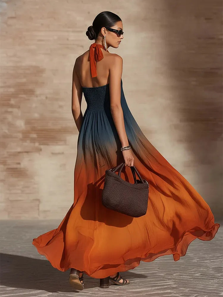 Elegant Halter Neck Gradient Loose Maxi Dress