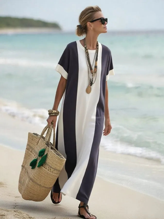 Women's Holiday Contrast Print Round Neck Loose Dress