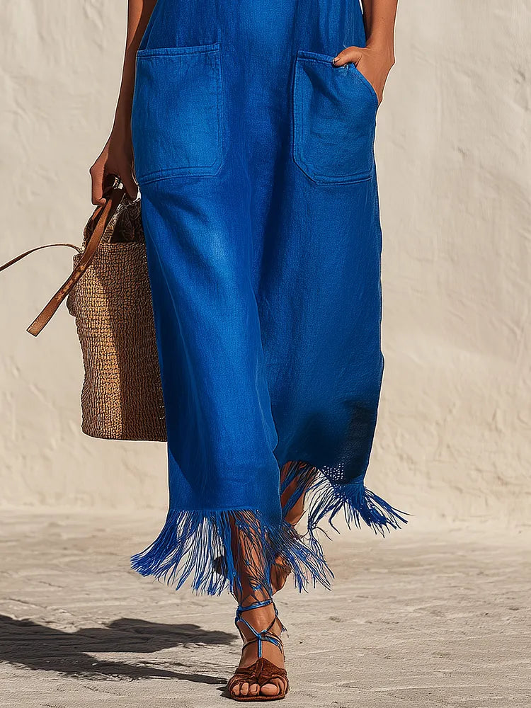 Minimalist Vacation-style Fringed Hem Linen Camisole Midi Dress