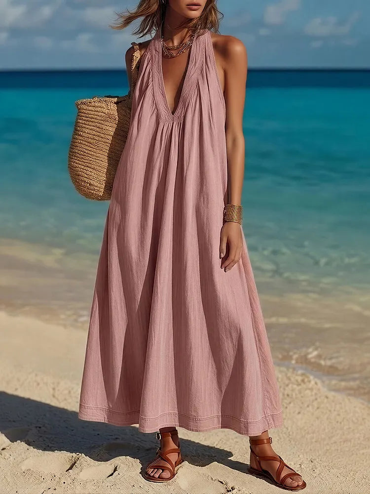 Minimalist Vacation-Style V-Neck Sleeveless Pink Denim Maxi Dress