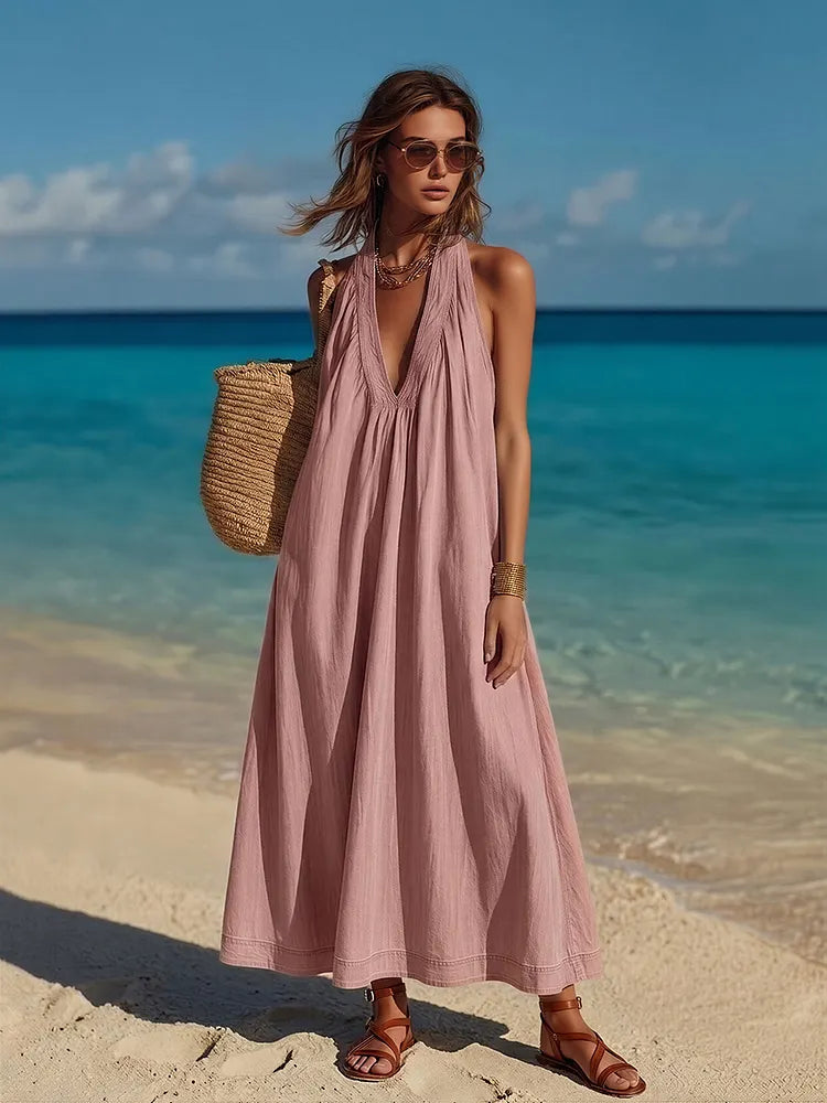 Minimalist Vacation-Style V-Neck Sleeveless Pink Denim Maxi Dress