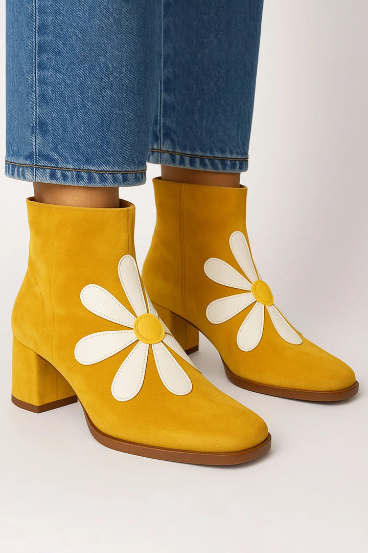 Daisy Patchwork Round Toe Yellow Chunky Heel Boots