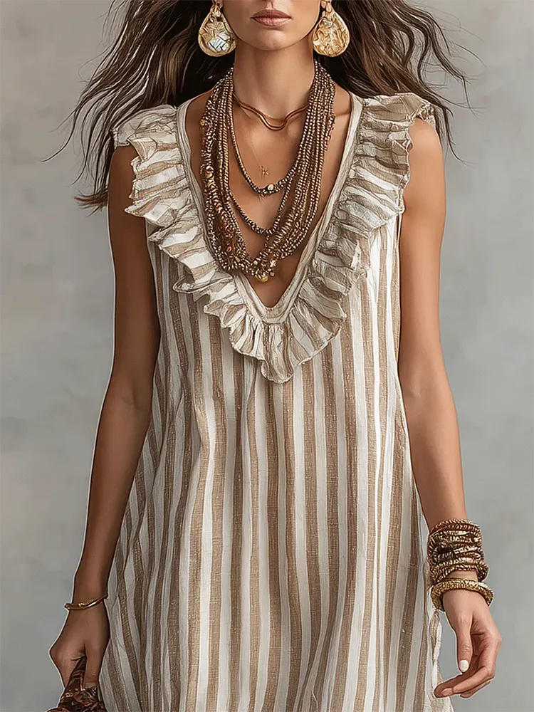 Retro Ruffled V-neck Striped Cotton-linen Dress
