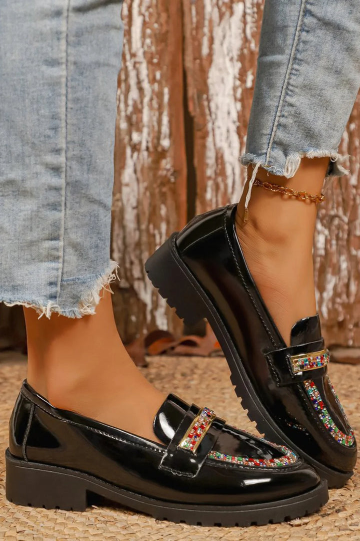 Colorful Rhinestone Inlaid Penny Strap Round Toe Plain Loafers