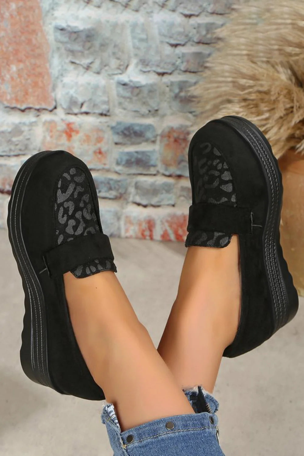 Leopard Print Penny Strap Trim Platform Wedge Round Toe Loafers