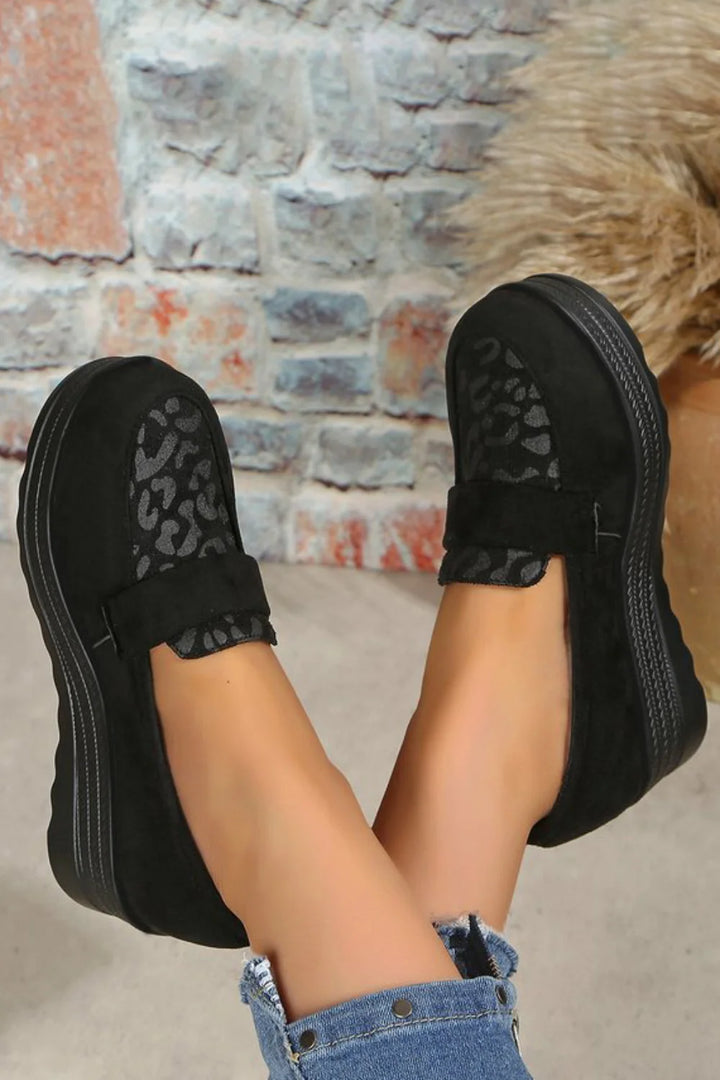 Leopard Print Penny Strap Trim Platform Wedge Round Toe Loafers
