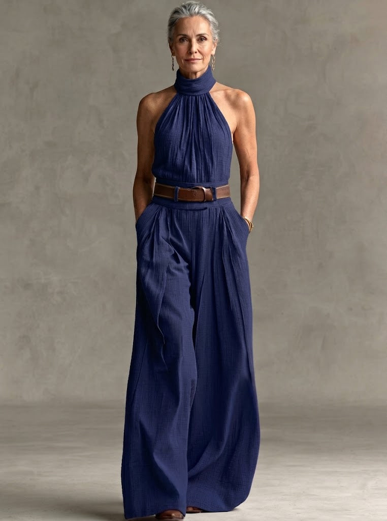Stylish Waist-cinching Sleeveless Linen-cotton Jumpsuit